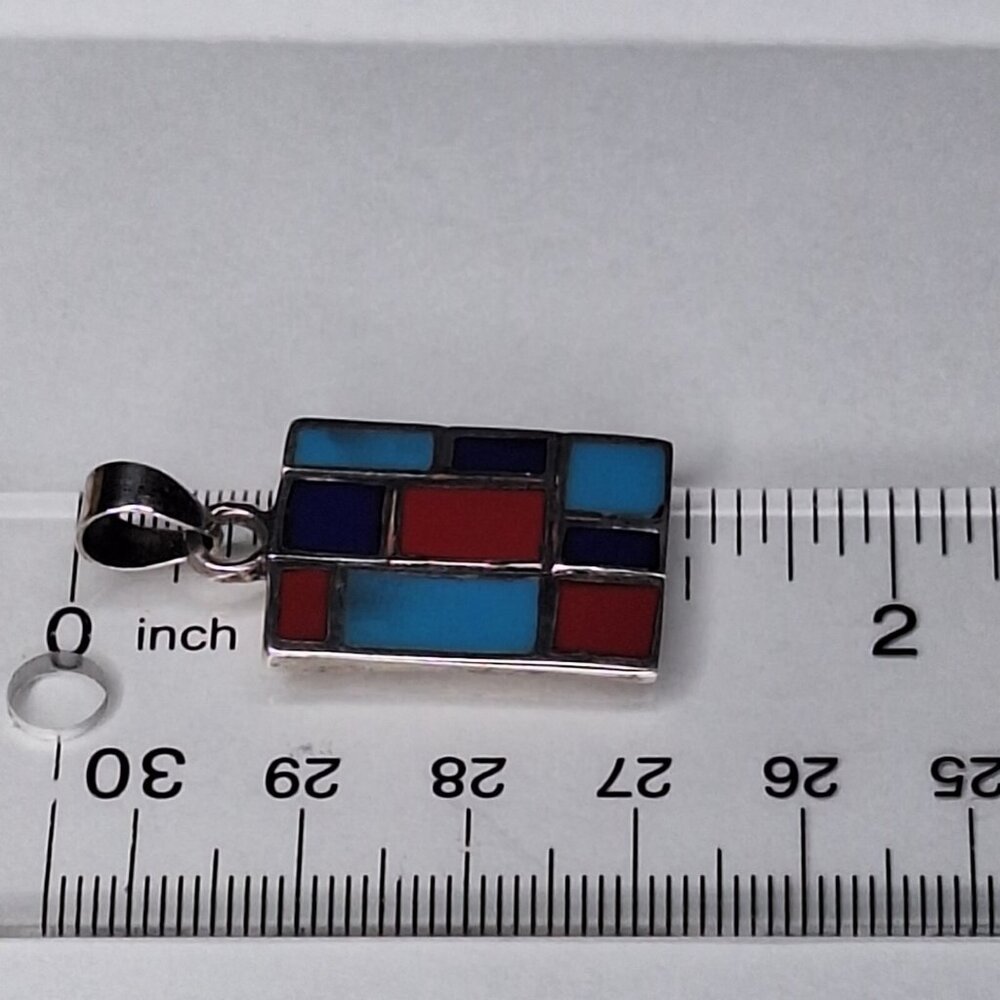 Vintage Sterling Silver Turquoise Coral Lapis Inlaid Rectangle Pendant  7.5g - Picture 5 of 12